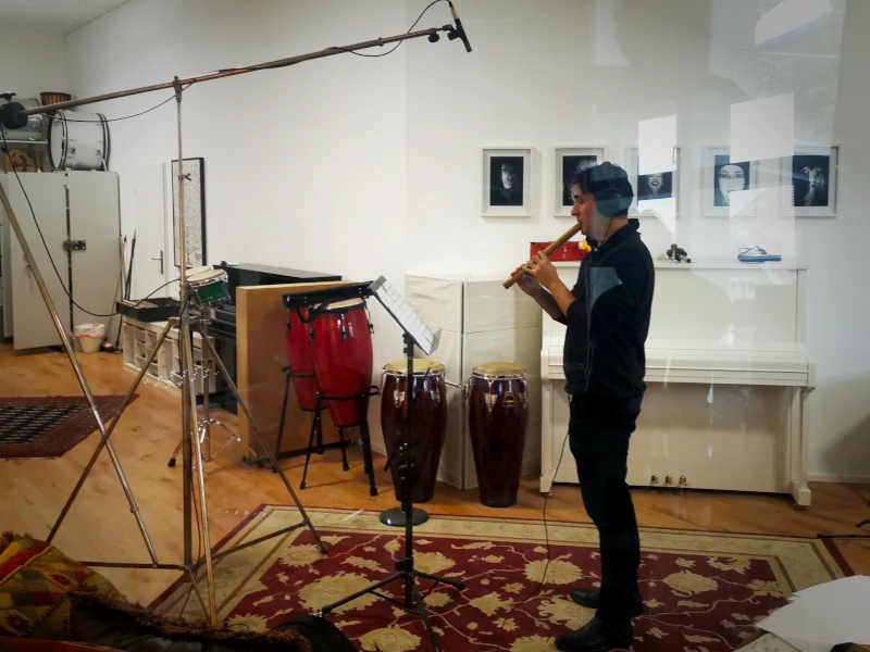 Ernesto Villalobos recording quena in the main room at Hot Milk Studio Berlin.