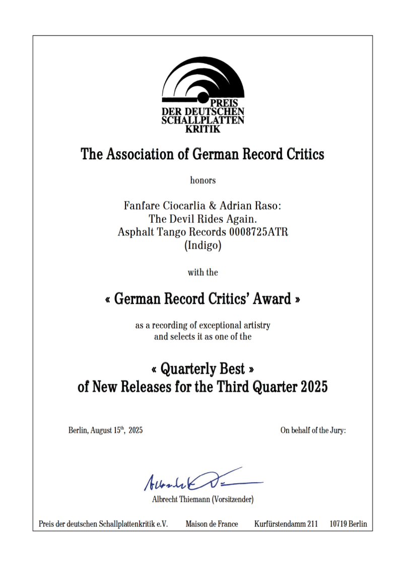 Urkunde — Preis der deutschen Schallplattenkritik 2025 für Fanfare Ciocărlia & Adrian Raso für The Devil Rides Again.