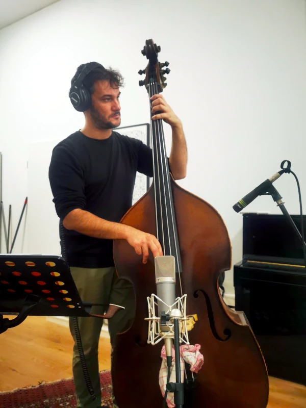 Igor Spallati recording double bass in the main room at Hot Milk Studio Berlin.