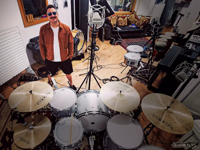 Benedikt Stehle tracking drums during a session