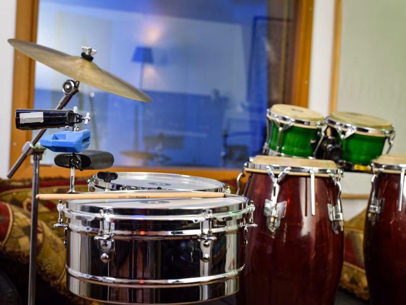 Latin percussion setup mic'd up at Hot Milk Studio with congas, bongos and timbales